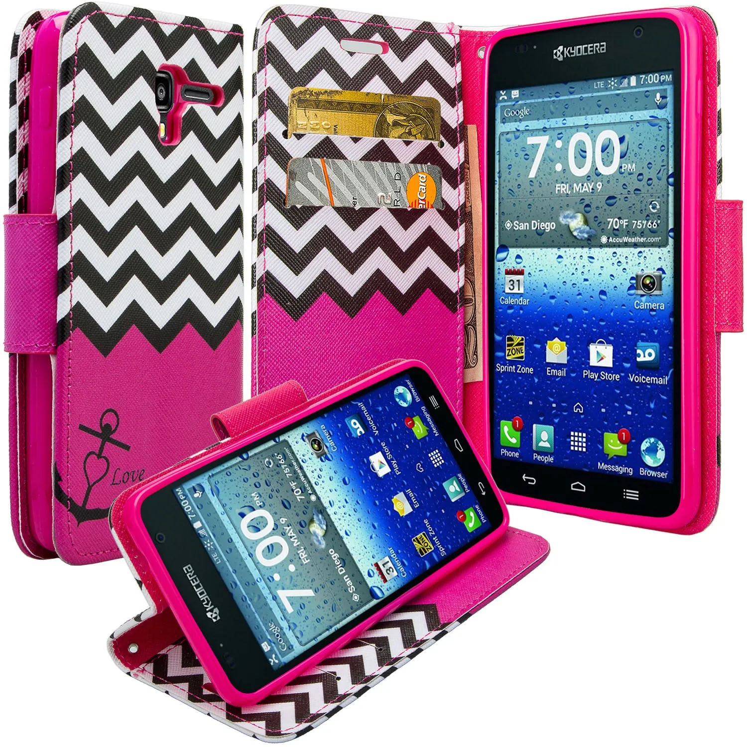 Kyocera Hydro View Wallet Case, Wrist Strap Pu Leather Magnetic Flip Fold[Kickstand] with ID & Card Slots for Kyocera Hydro View - Hot Pink Anchor