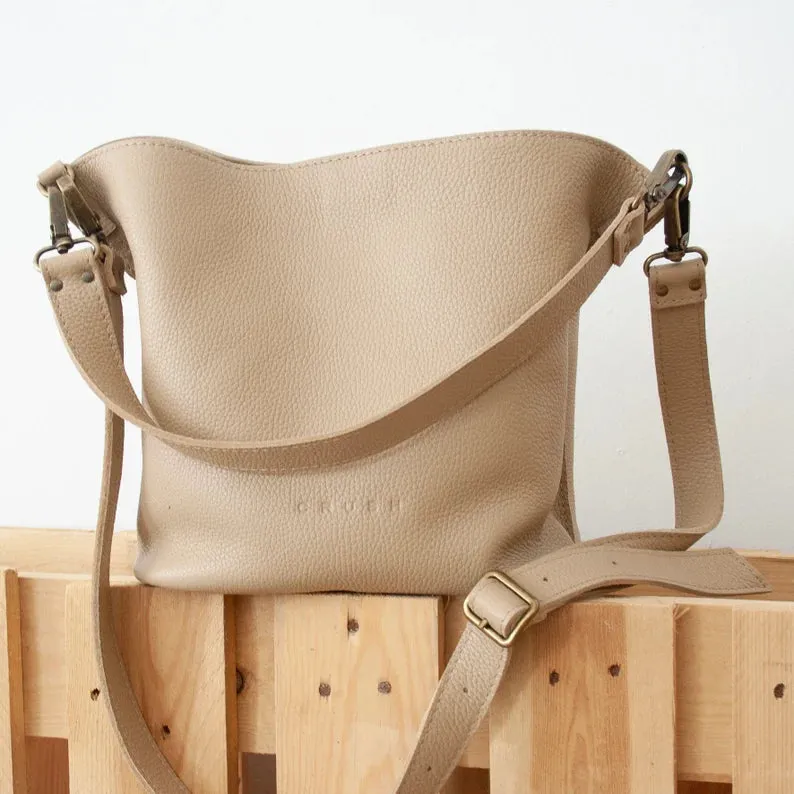 Leather Shoulder Bag-Bucket Bag Crossbody Beige