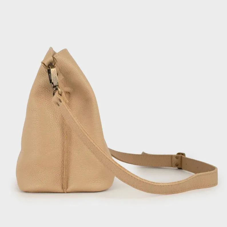 Leather Shoulder Bag-Bucket Bag Crossbody Beige