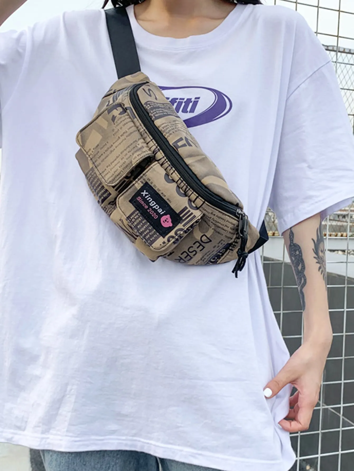 Letter Graphic Pocket Front Fanny Pack