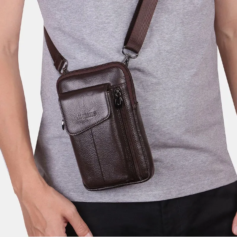 Men Genuine Leather 6.5 Inch Phone Bag Waist Belt Crossbody