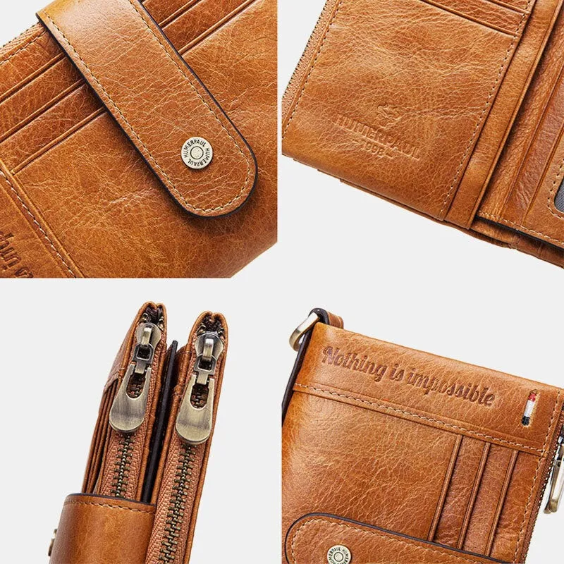 Men Genuine Leather Chain Wallet RFID Double ZIpper Anti-theft Multi-card Slot Card Holder