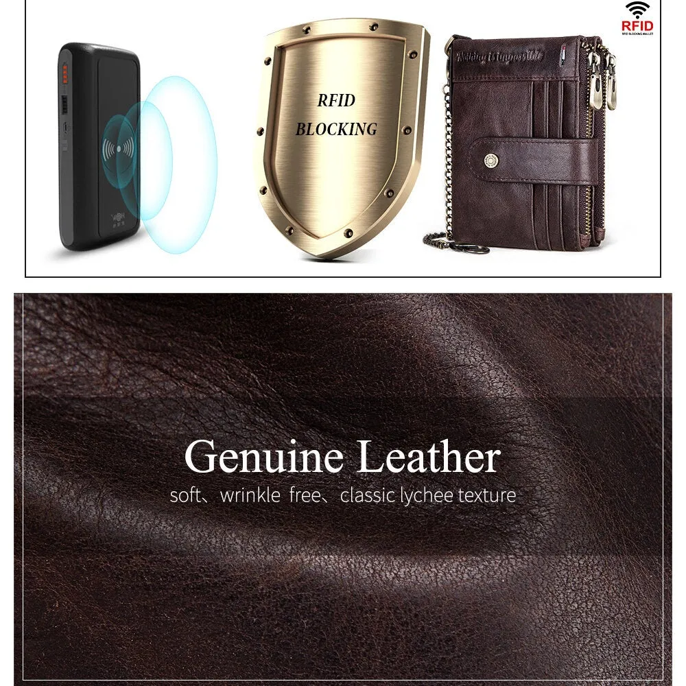 Men Genuine Leather Chain Wallet RFID Double ZIpper Anti-theft Multi-card Slot Card Holder