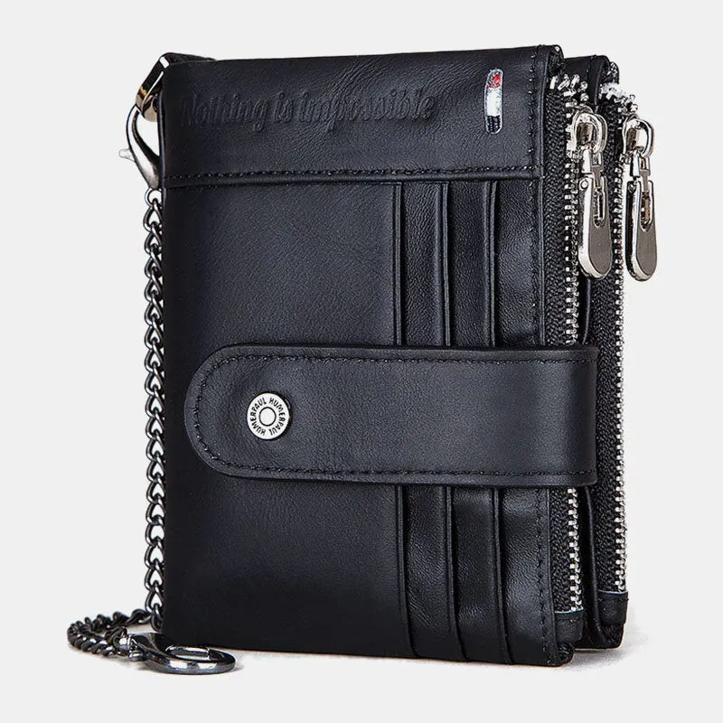 Men Genuine Leather Chain Wallet RFID Double ZIpper Anti-theft Multi-card Slot Card Holder