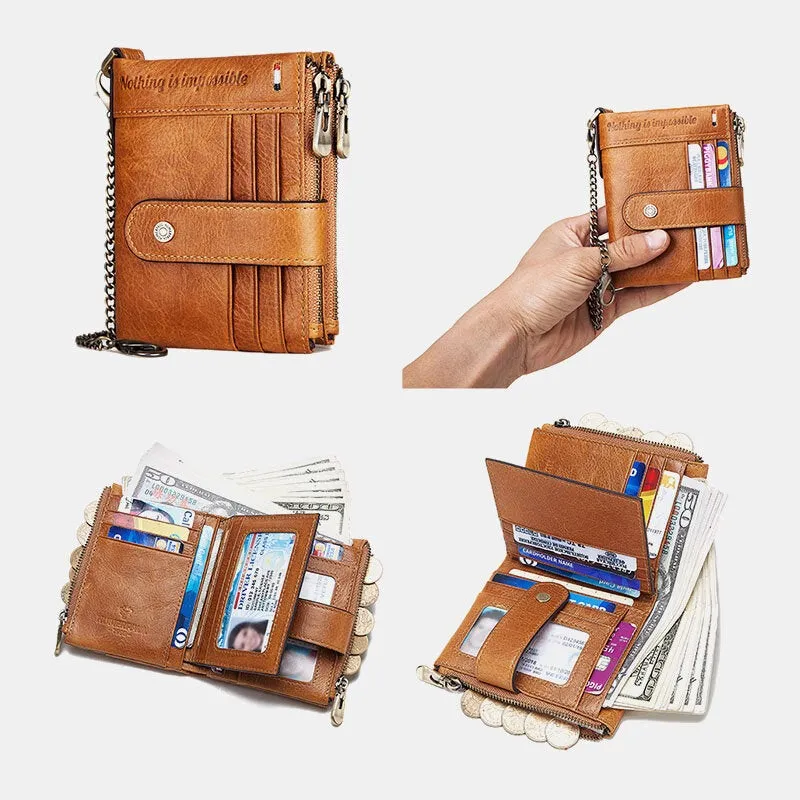 Men Genuine Leather Chain Wallet RFID Double ZIpper Anti-theft Multi-card Slot Card Holder