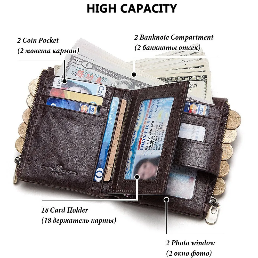 Men Genuine Leather Chain Wallet RFID Double ZIpper Anti-theft Multi-card Slot Card Holder