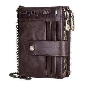 Men Genuine Leather Chain Wallet RFID Double ZIpper Anti-theft Multi-card Slot Card Holder