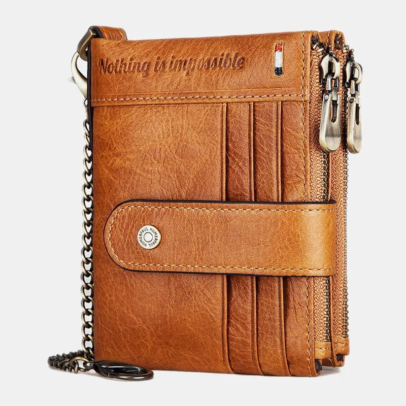 Men Genuine Leather Chain Wallet RFID Double ZIpper Anti-theft Multi-card Slot Card Holder