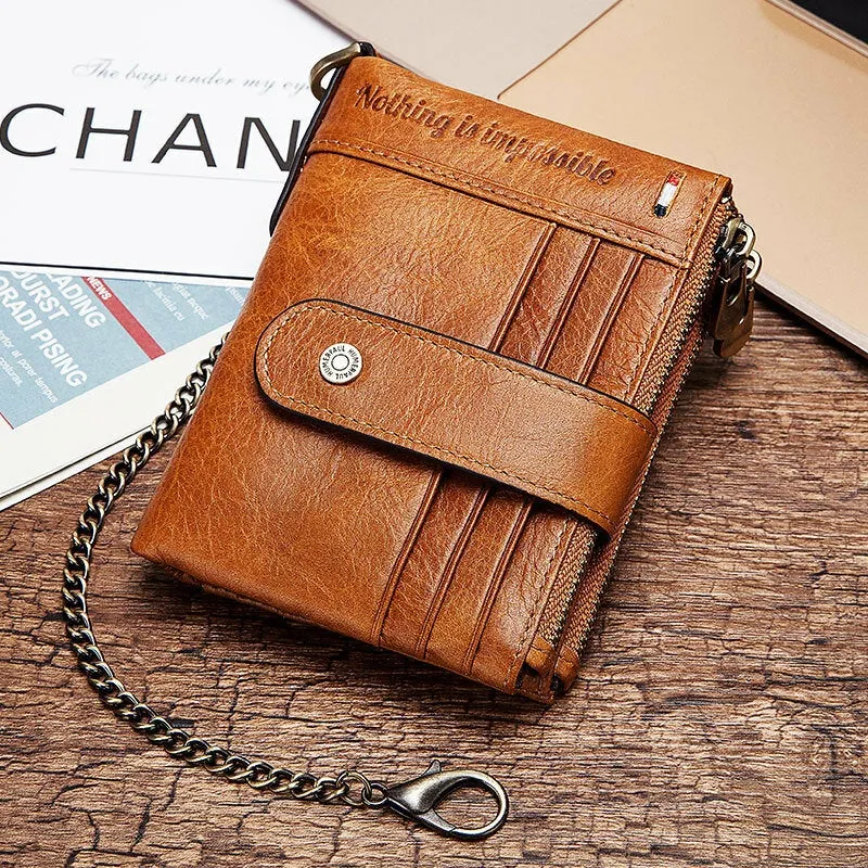 Men Genuine Leather Chain Wallet RFID Double ZIpper Anti-theft Multi-card Slot Card Holder