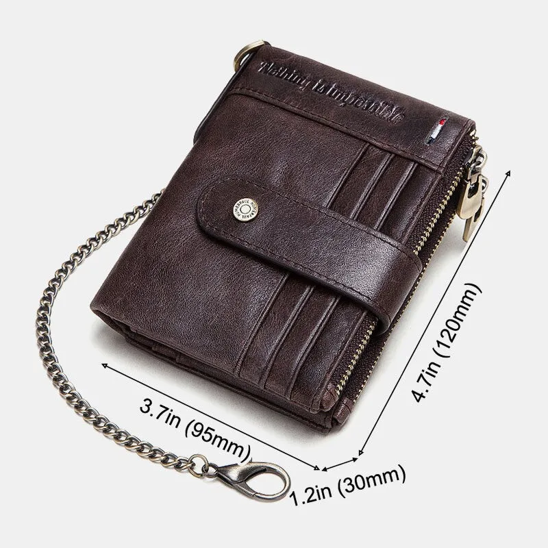 Men Genuine Leather Chain Wallet RFID Double ZIpper Anti-theft Multi-card Slot Card Holder