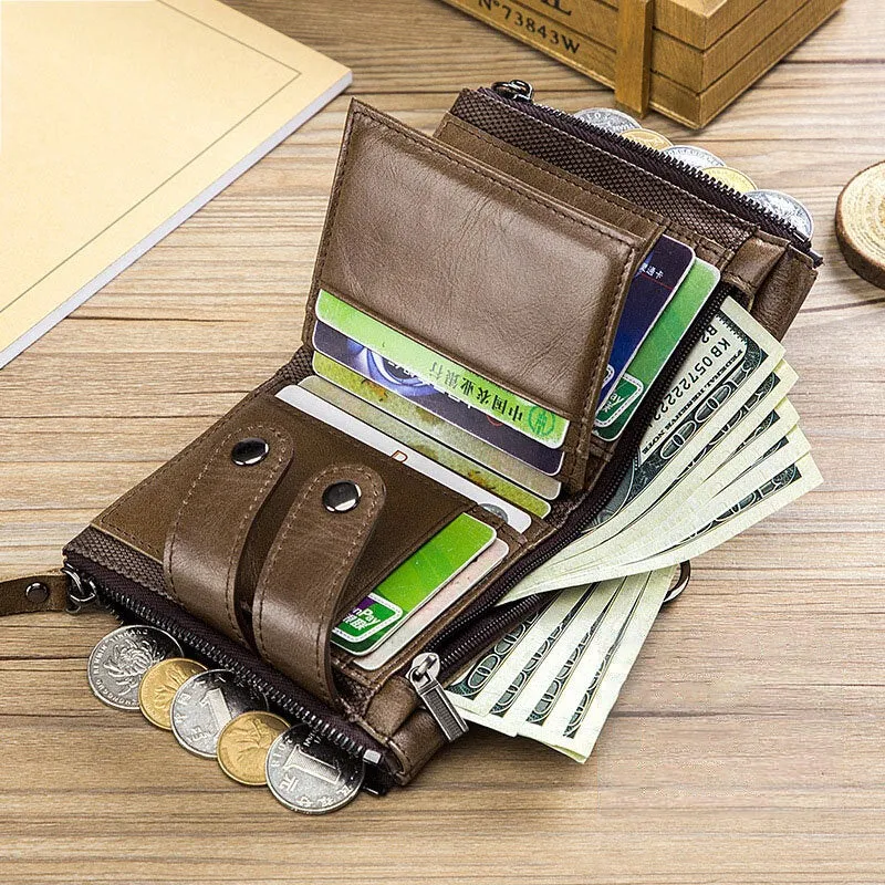 Men Genuine Leather Cowhide RFID Anti-theft Retro Zipper With Chain Card Holder Wallet