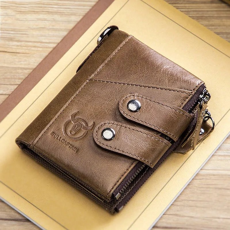 Men Genuine Leather Cowhide RFID Anti-theft Retro Zipper With Chain Card Holder Wallet