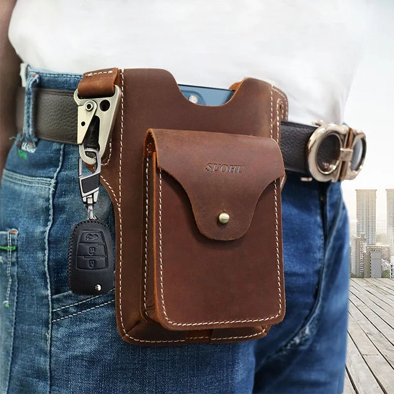 Men Genuine Leather Multifunction Keychain Sport Waist Bag Retro 6.5 Inch Phone Waterproof Belt