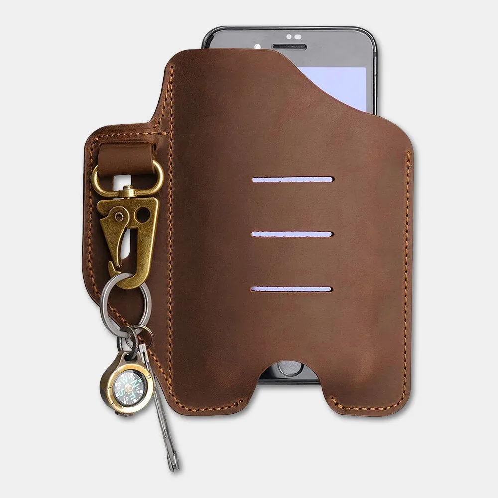 Men Multifunction Short Phone Case With Keychain Genuine Leather Retro Open Belt Bag Waist Bag