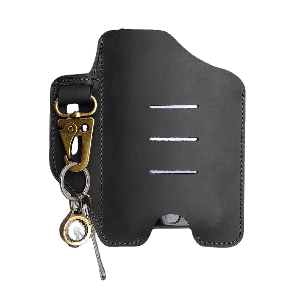 Men Multifunction Short Phone Case With Keychain Genuine Leather Retro Open Belt Bag Waist Bag