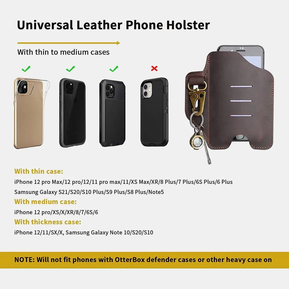 Men Multifunction Short Phone Case With Keychain Genuine Leather Retro Open Belt Bag Waist Bag