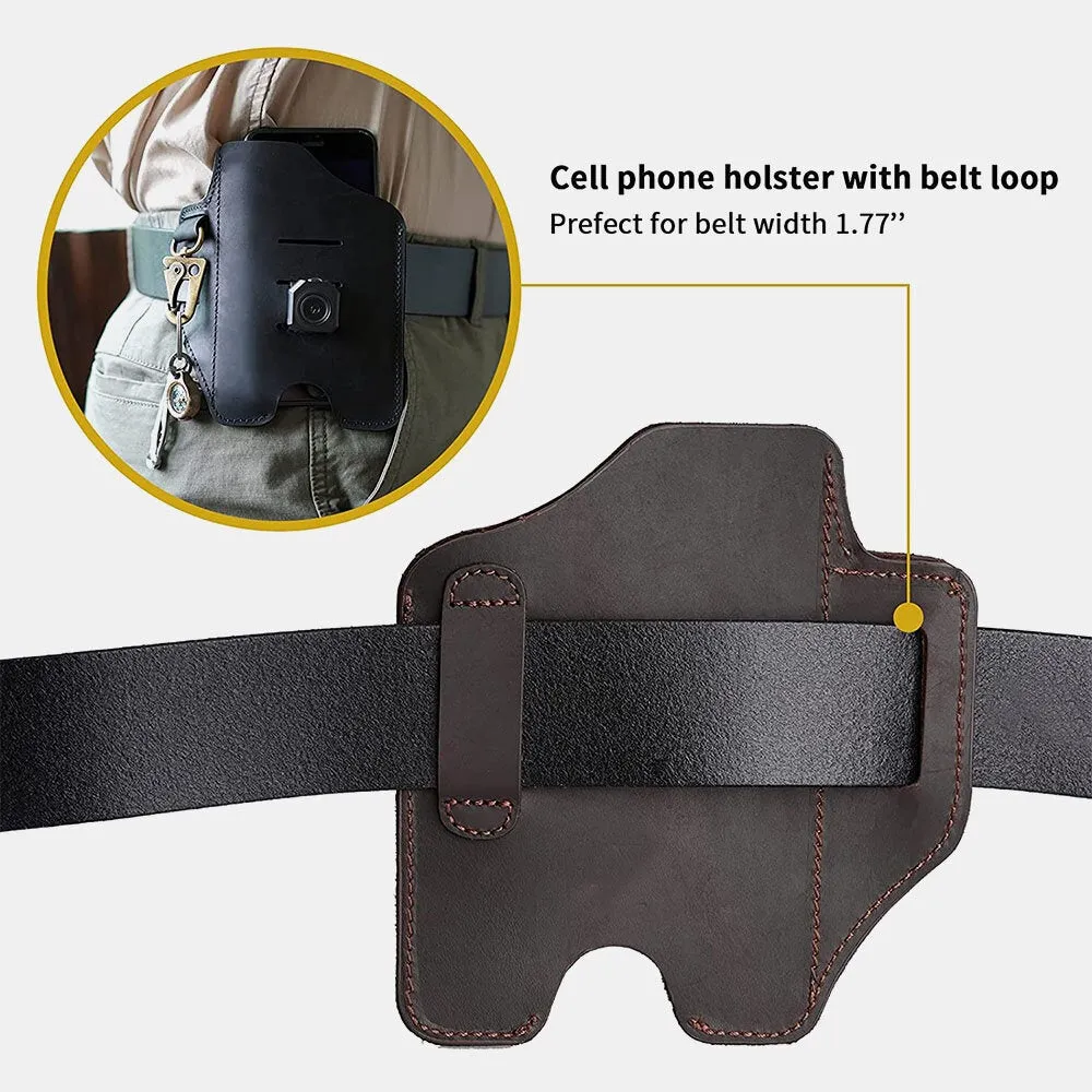 Men Multifunction Short Phone Case With Keychain Genuine Leather Retro Open Belt Bag Waist Bag