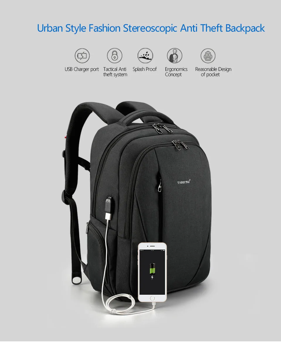 Men's Anti Theft 15.6" Laptop Backpack With External USB Port - Black,Grey