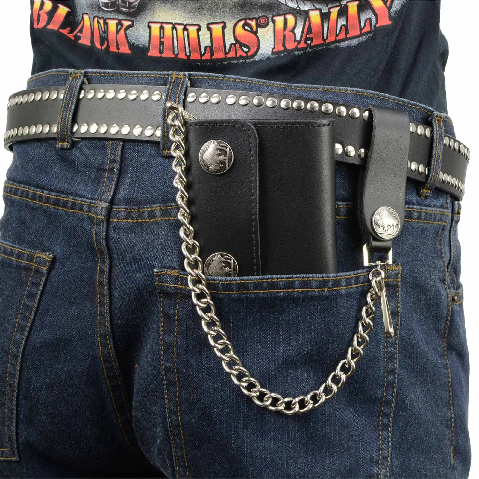 Milwaukee Leather MLW7821 Men's 4” Leather Biker Tr-Fold Wallet w/Buffalo Nickel Snaps Wallet w/ Anti-Theft Stainless Steel Chain