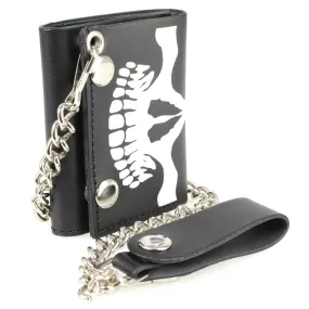 Milwaukee Leather MLW7834 Men's 4” Leather “Skeleton Teeth” Tri-Fold Wallet w/ Anti-Theft Stainless Steel Chain