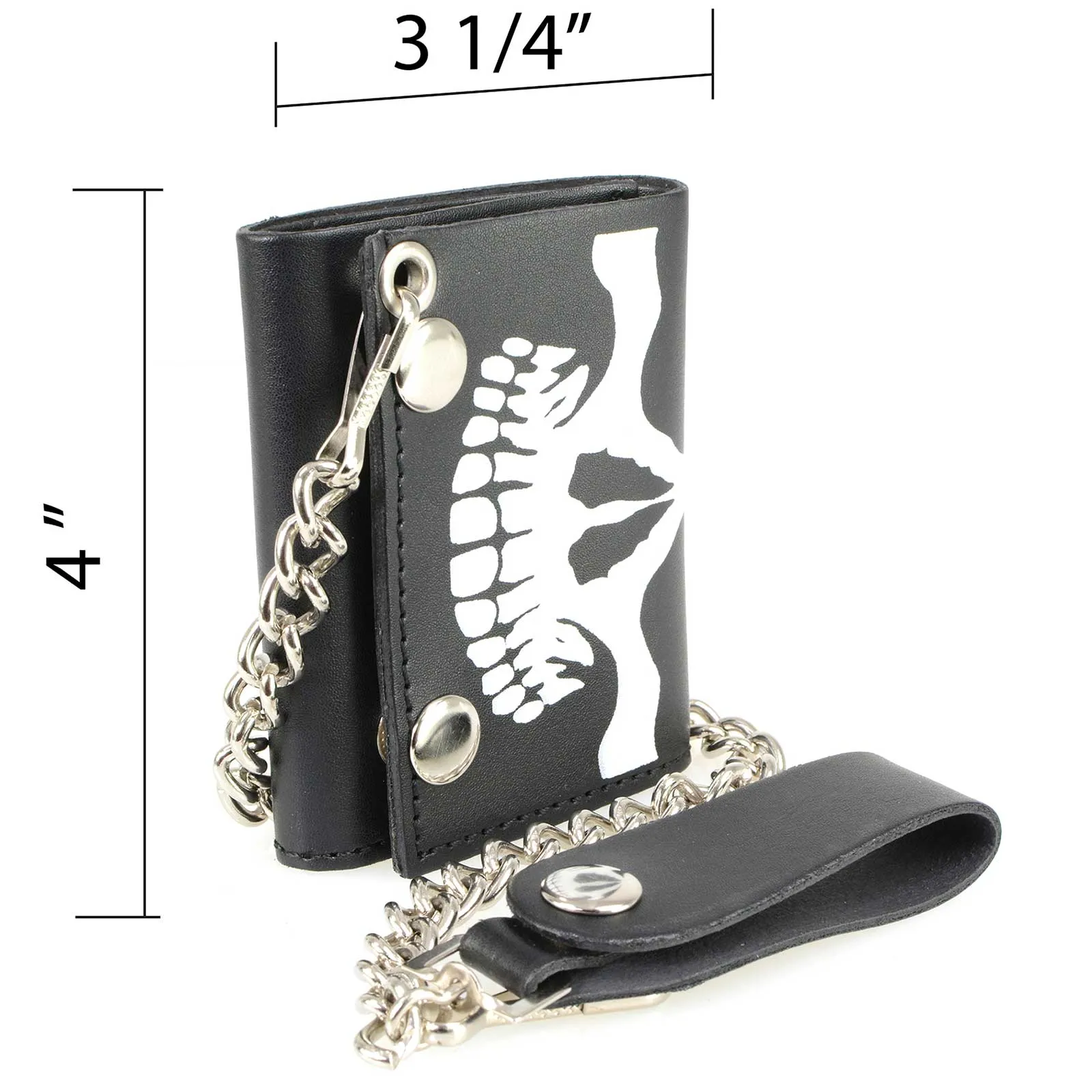 Milwaukee Leather MLW7834 Men's 4” Leather “Skeleton Teeth” Tri-Fold Wallet w/ Anti-Theft Stainless Steel Chain