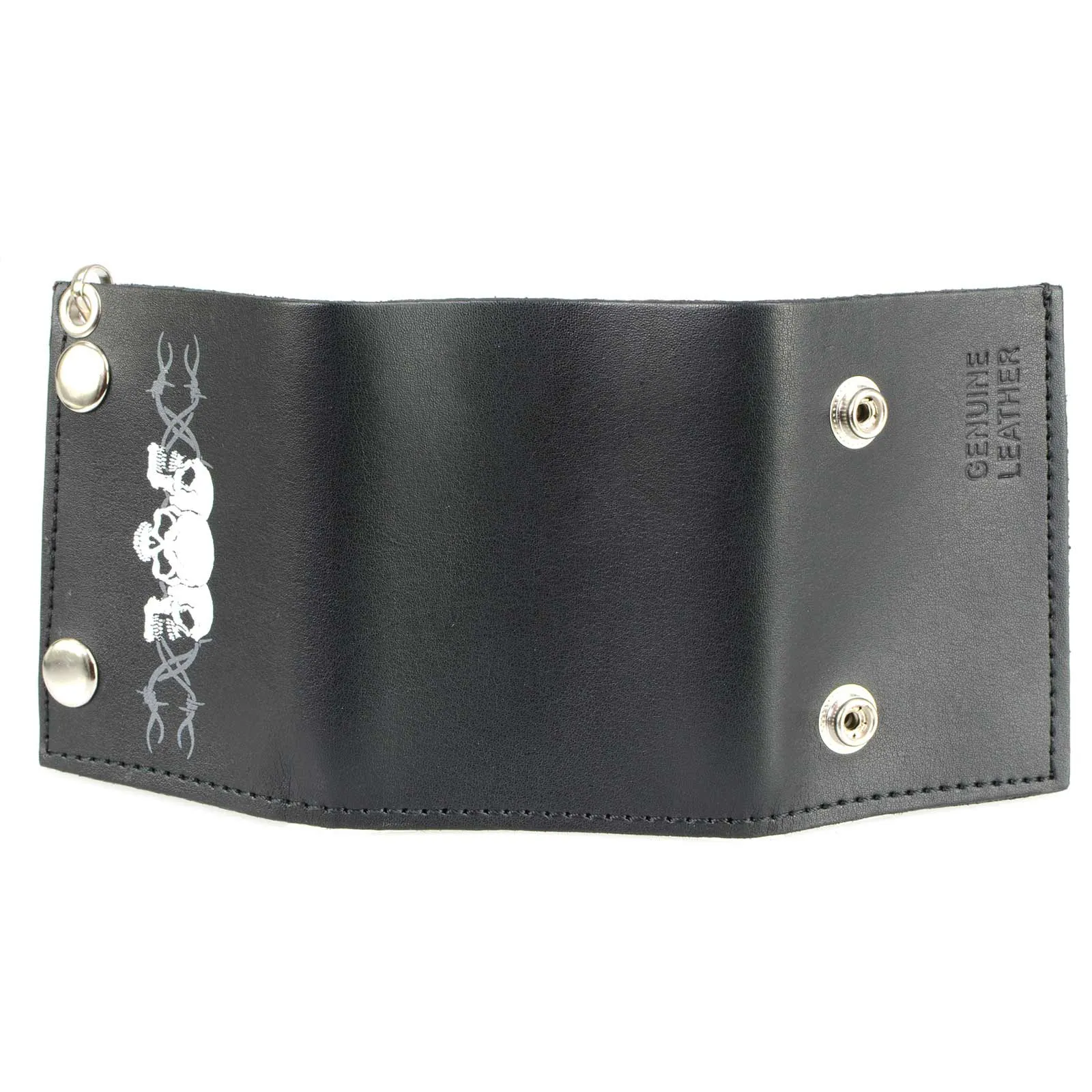 Milwaukee Leather MLW7836 Men's 4” Leather “Triple Skull” Tri-Fold Wallet w/ Anti-Theft Stainless Steel Chain