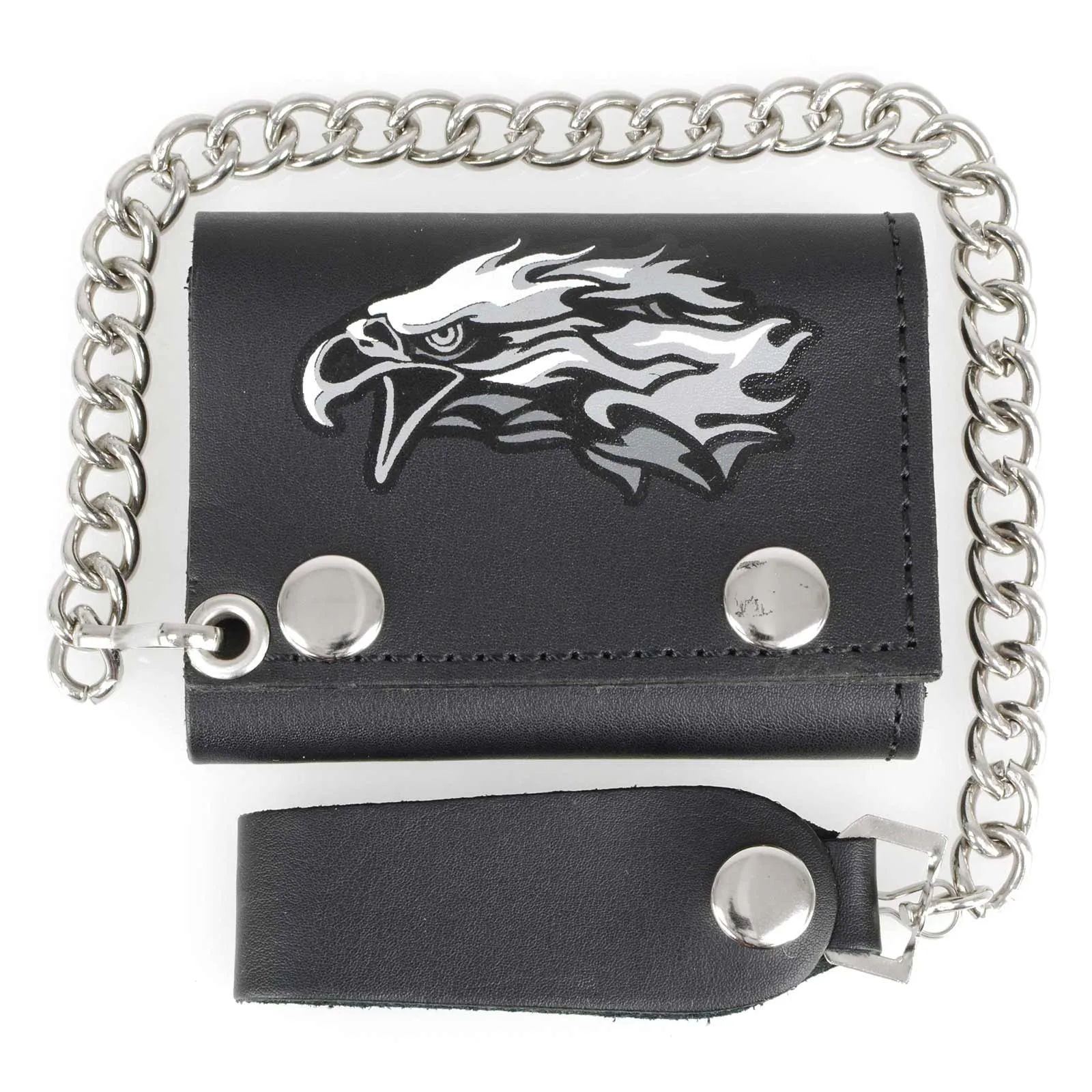 Milwaukee Leather MLW7838 Men's 4” Leather “Flaming Eagle” Tri-Fold Wallet w/ Anti-Theft Stainless Steel Chain