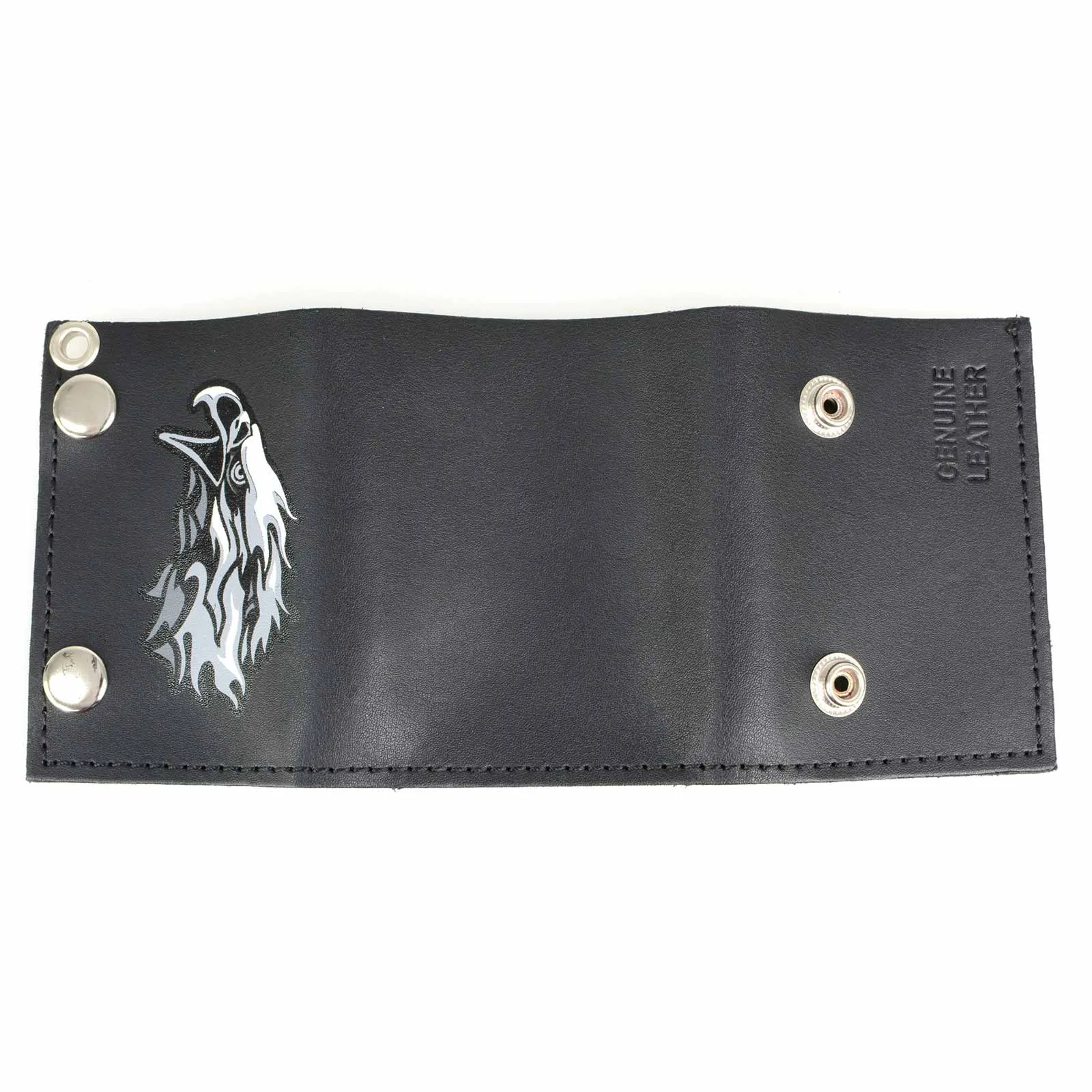 Milwaukee Leather MLW7838 Men's 4” Leather “Flaming Eagle” Tri-Fold Wallet w/ Anti-Theft Stainless Steel Chain