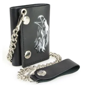 Milwaukee Leather MLW7838 Men's 4” Leather “Flaming Eagle” Tri-Fold Wallet w/ Anti-Theft Stainless Steel Chain