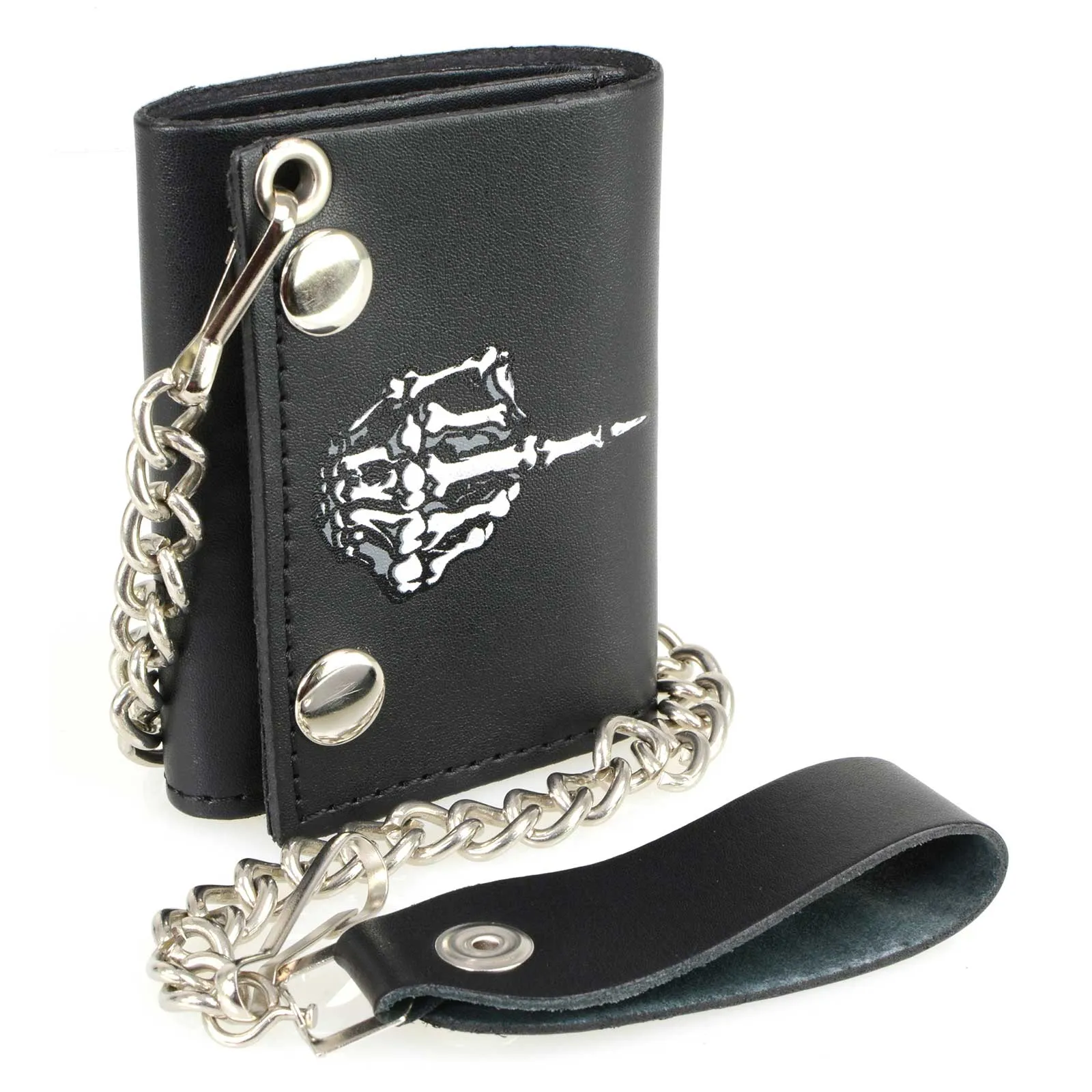 Milwaukee Leather MLW7840 Men's 4” Leather “Skeleton Finger” Tri-Fold Wallet w/ Anti-Theft Stainless Steel Chain