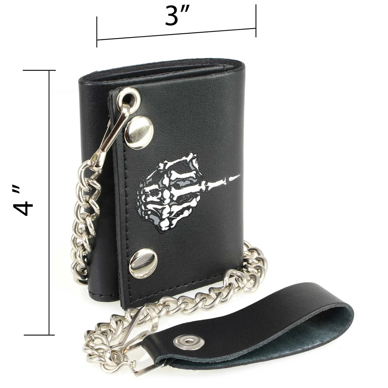 Milwaukee Leather MLW7840 Men's 4” Leather “Skeleton Finger” Tri-Fold Wallet w/ Anti-Theft Stainless Steel Chain