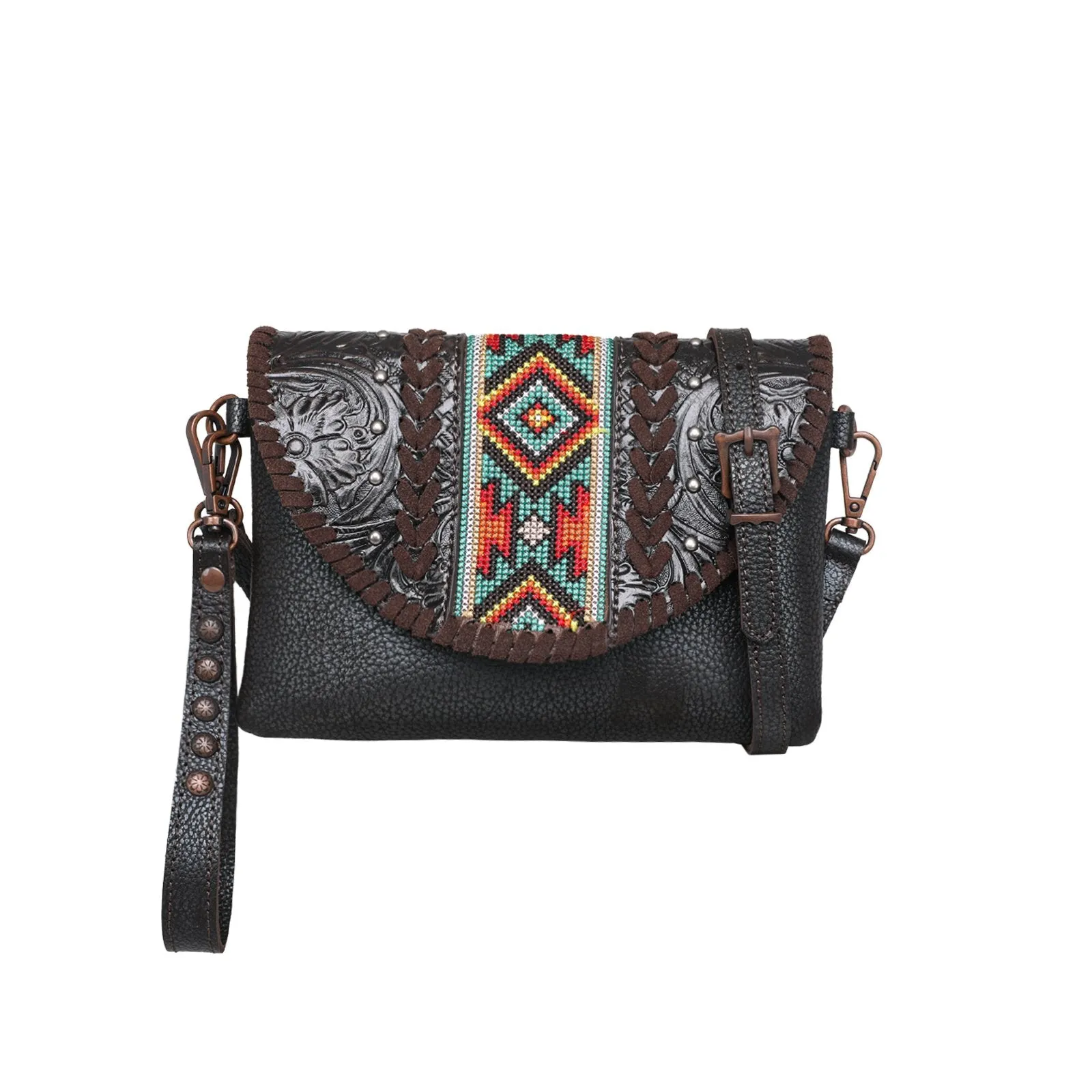 Montana West Real Leather Tooled Crossbody Clutch