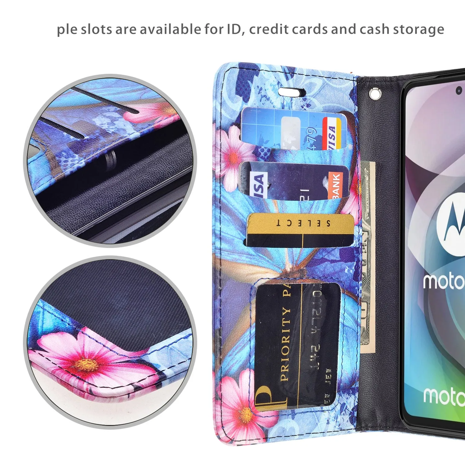 Motorola one 5G ace Case, Motorola one 5G ace Wallet Case, Wrist Strap Pu Leather Wallet Case [Kickstand] with ID & Credit Card Slots - Blue Butterfly