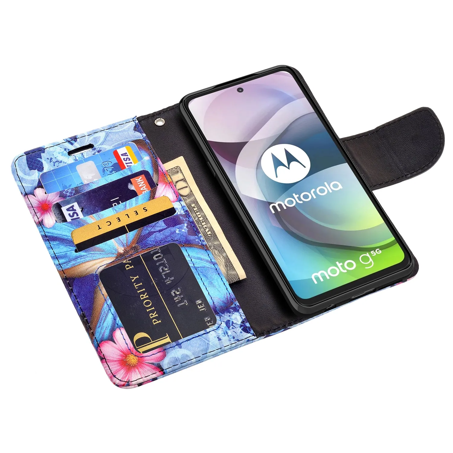 Motorola one 5G ace Case, Motorola one 5G ace Wallet Case, Wrist Strap Pu Leather Wallet Case [Kickstand] with ID & Credit Card Slots - Blue Butterfly