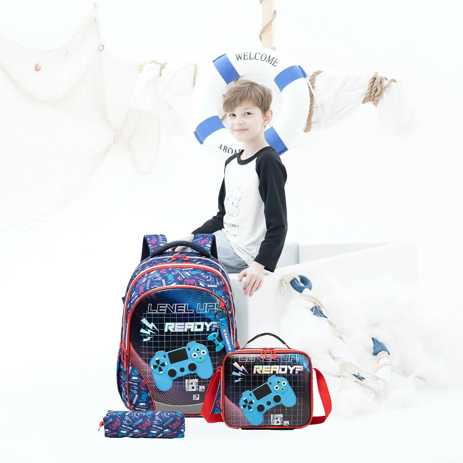 (NET) Meetbelify White Backpacks School Backpack With Lunch Box Set Of 3 Pcs