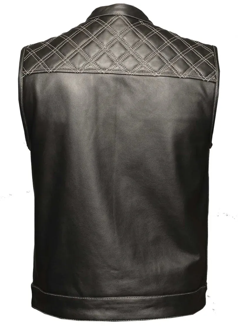 Open Road Men's Upside Leather with White Stitched Diamonds Vest