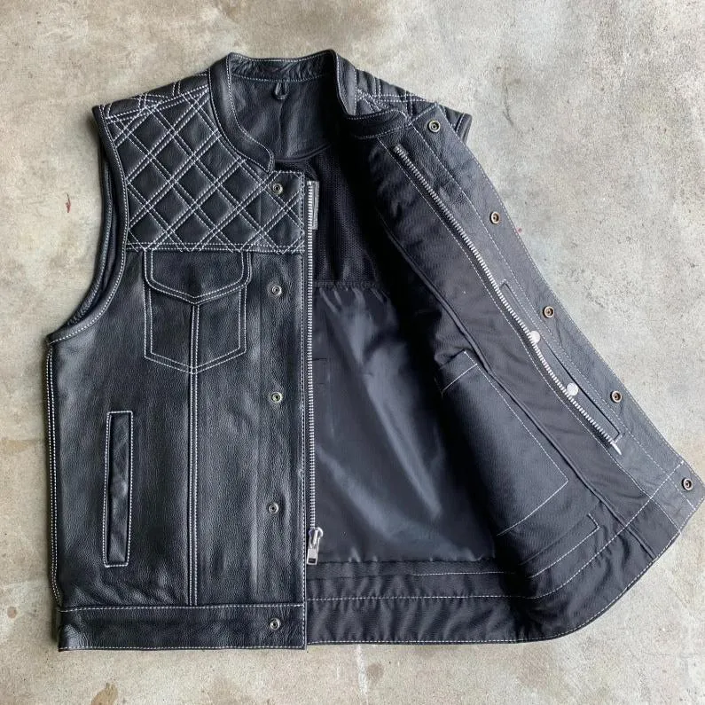 Open Road Men's Upside Leather with White Stitched Diamonds Vest