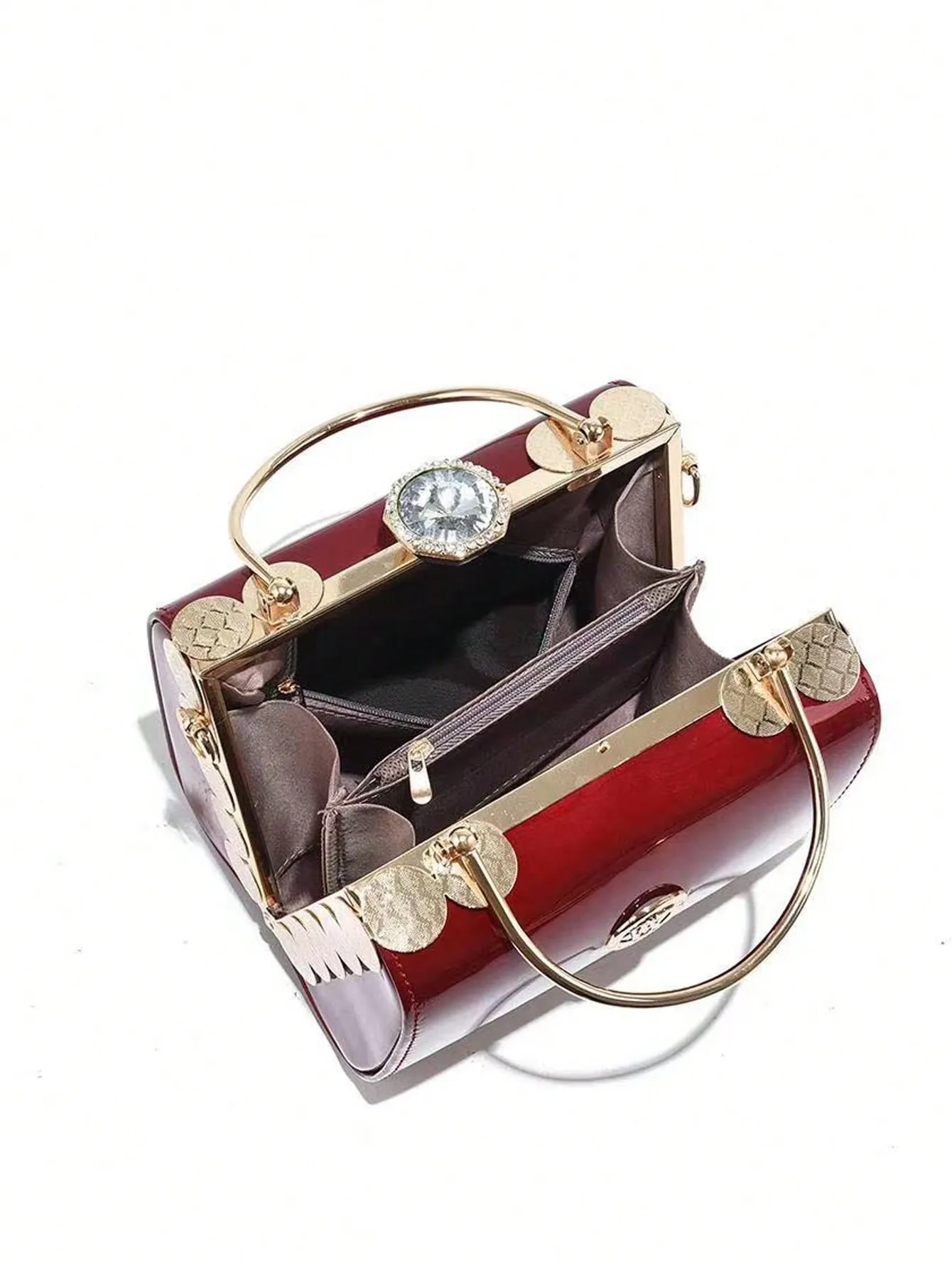 Patent Leather Clutch Bag With Rhinestone Detailing