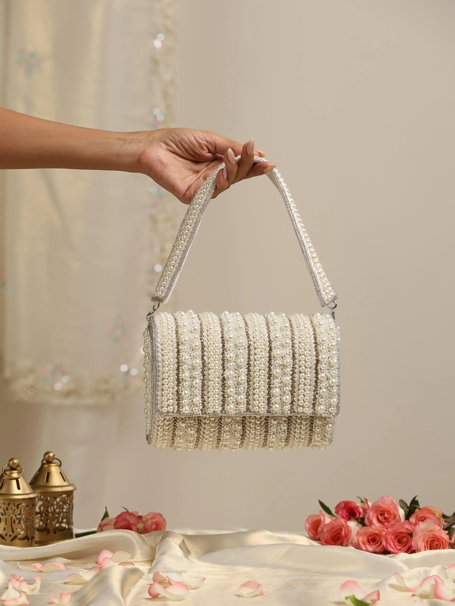 Pearl Silver Beaded Clutch Bag