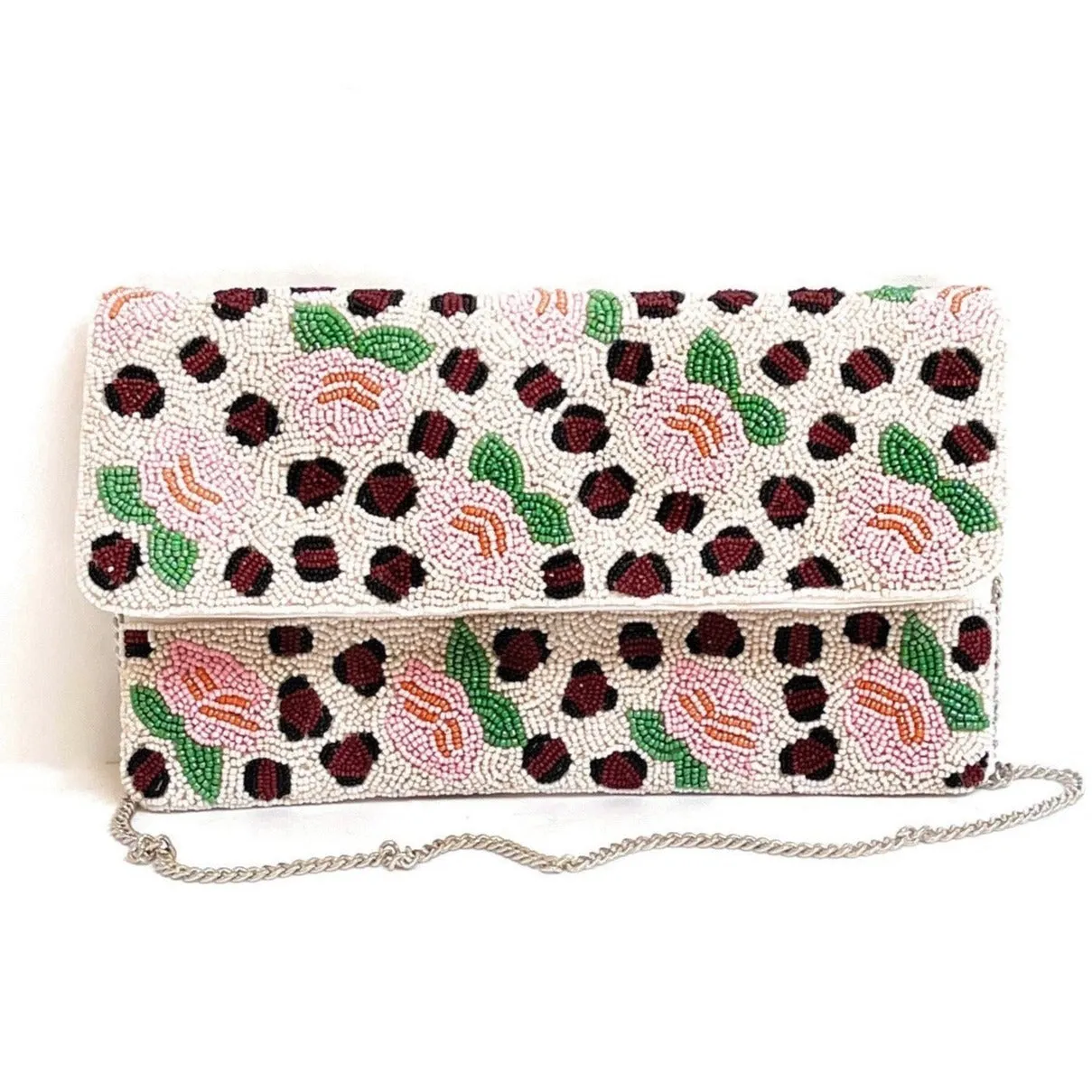 Pink Flowers Beaded Clutch Purse