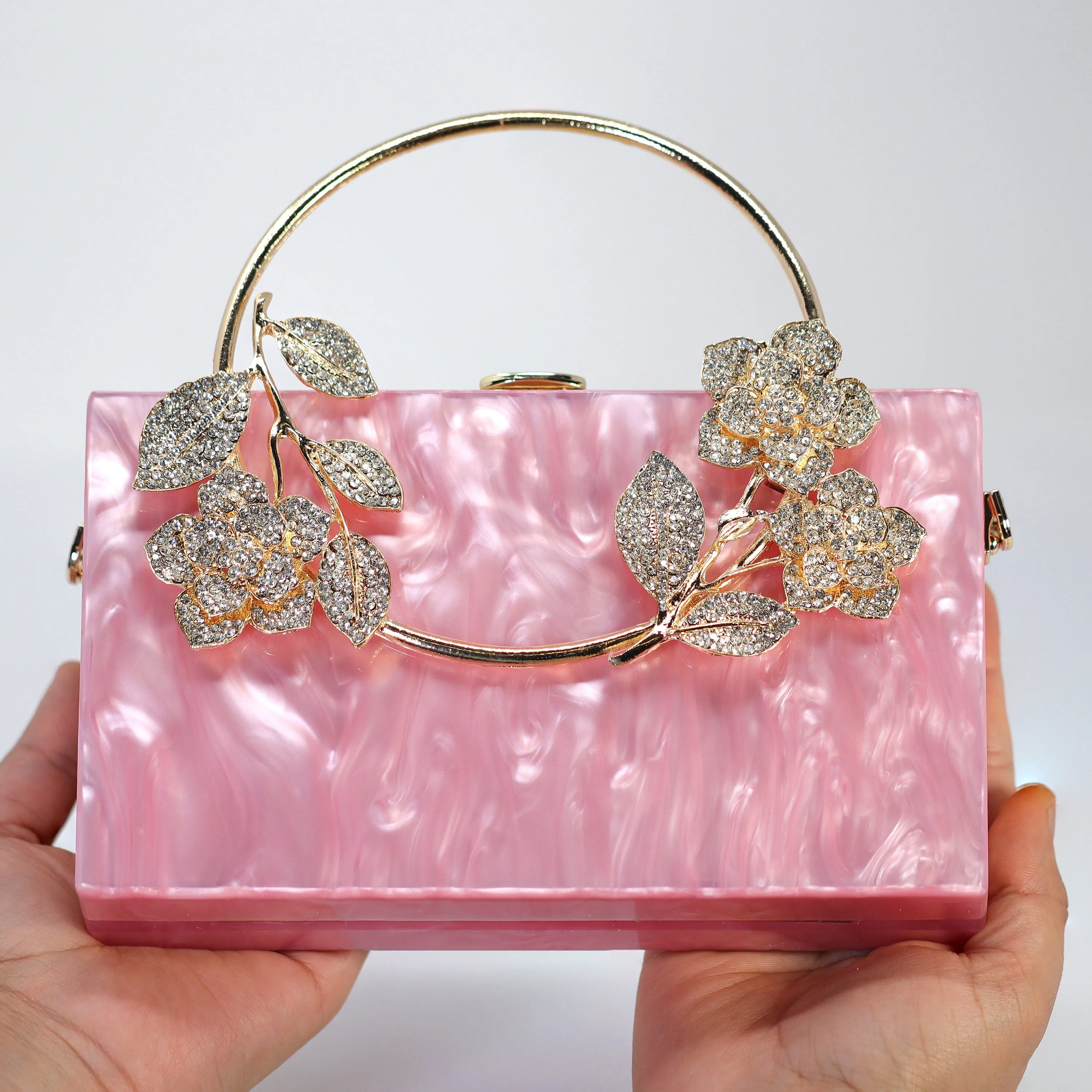 Pink Gold Floral Acrylic Rhinestones Wedding Bag, Statement Bag, Evening Clutch, Wedding Clutch, Bridal Clutch, Bridal Cross body bag.