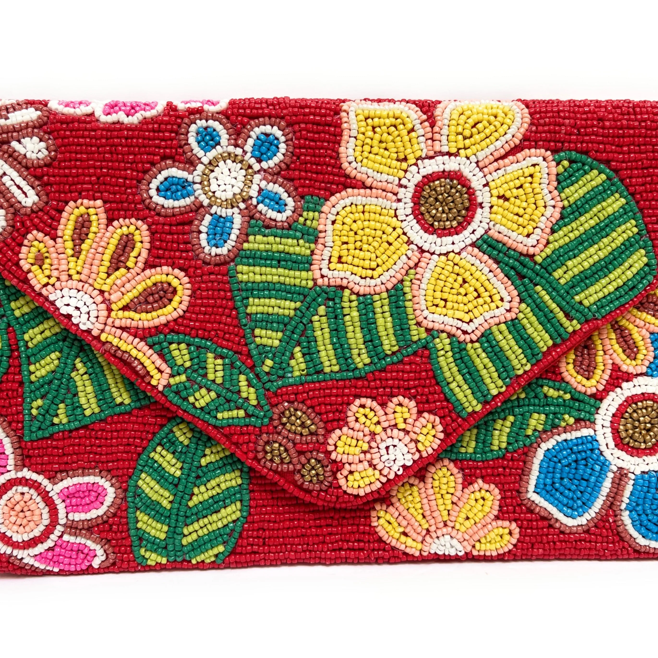 Red Floral Beaded Clutch Purse