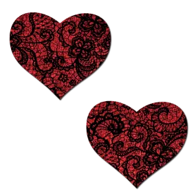 Red Glitter Heart with Black Lace overlay Nipple Pasties