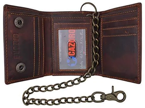 RFID Safe Vintage Brown Leather Biker Trifold Chain Wallet with Chain Trucker