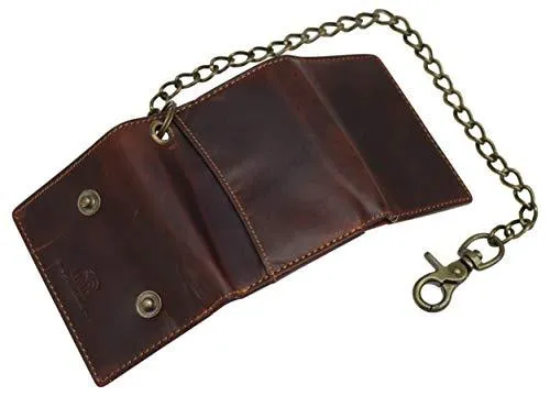 RFID Safe Vintage Brown Leather Biker Trifold Chain Wallet with Chain Trucker