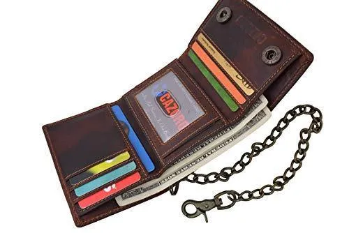 RFID Safe Vintage Brown Leather Biker Trifold Chain Wallet with Chain Trucker