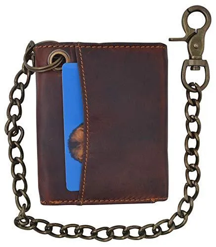 RFID Safe Vintage Brown Leather Biker Trifold Chain Wallet with Chain Trucker