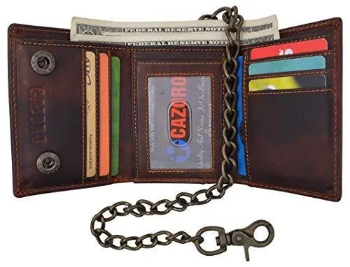 RFID Safe Vintage Brown Leather Biker Trifold Chain Wallet with Chain Trucker