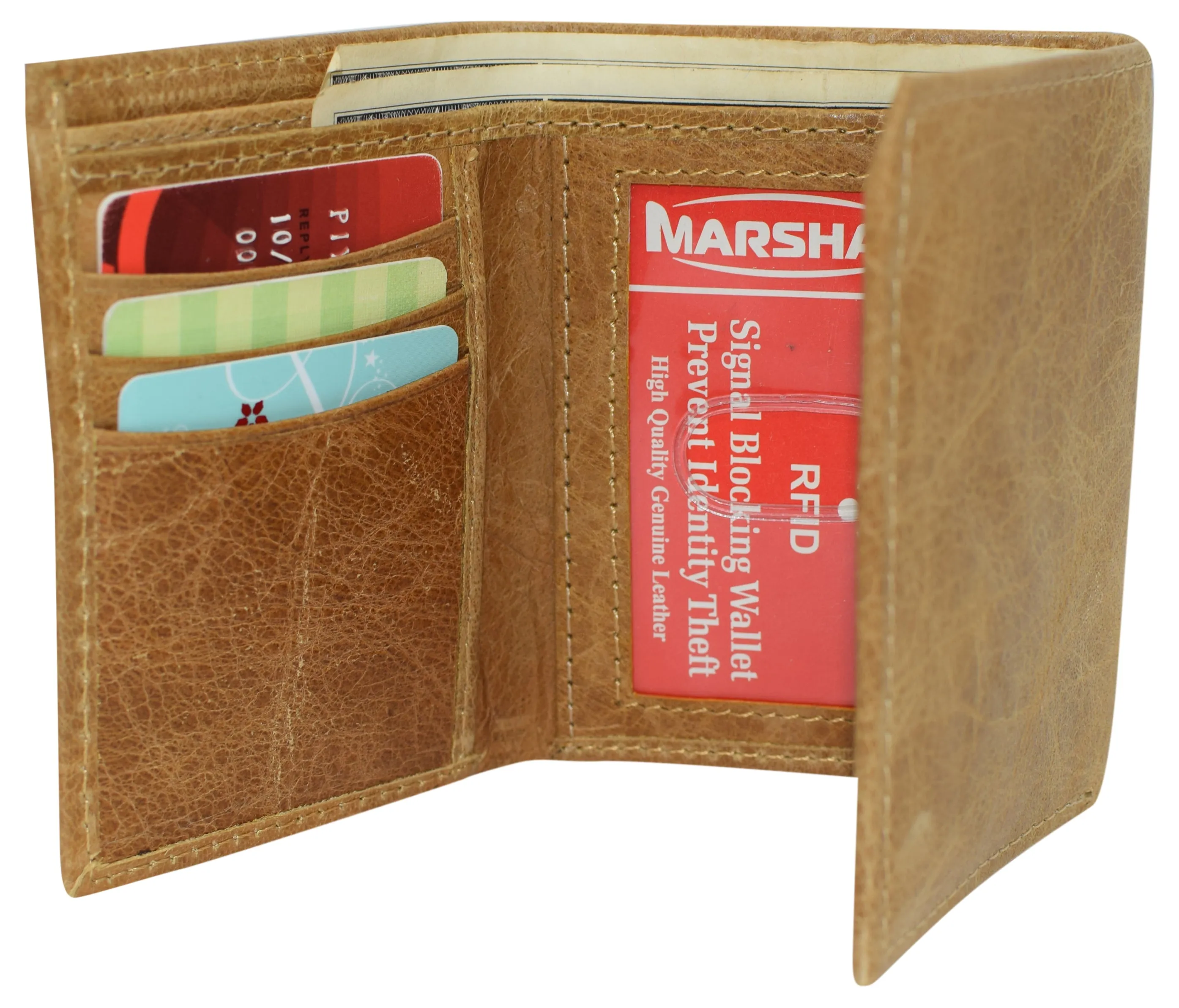 RFID623555TN Marshal RFID Blocking Men's Genuine Leather Slim Trifold Credit Card ID Holder Tan Wallet for Men