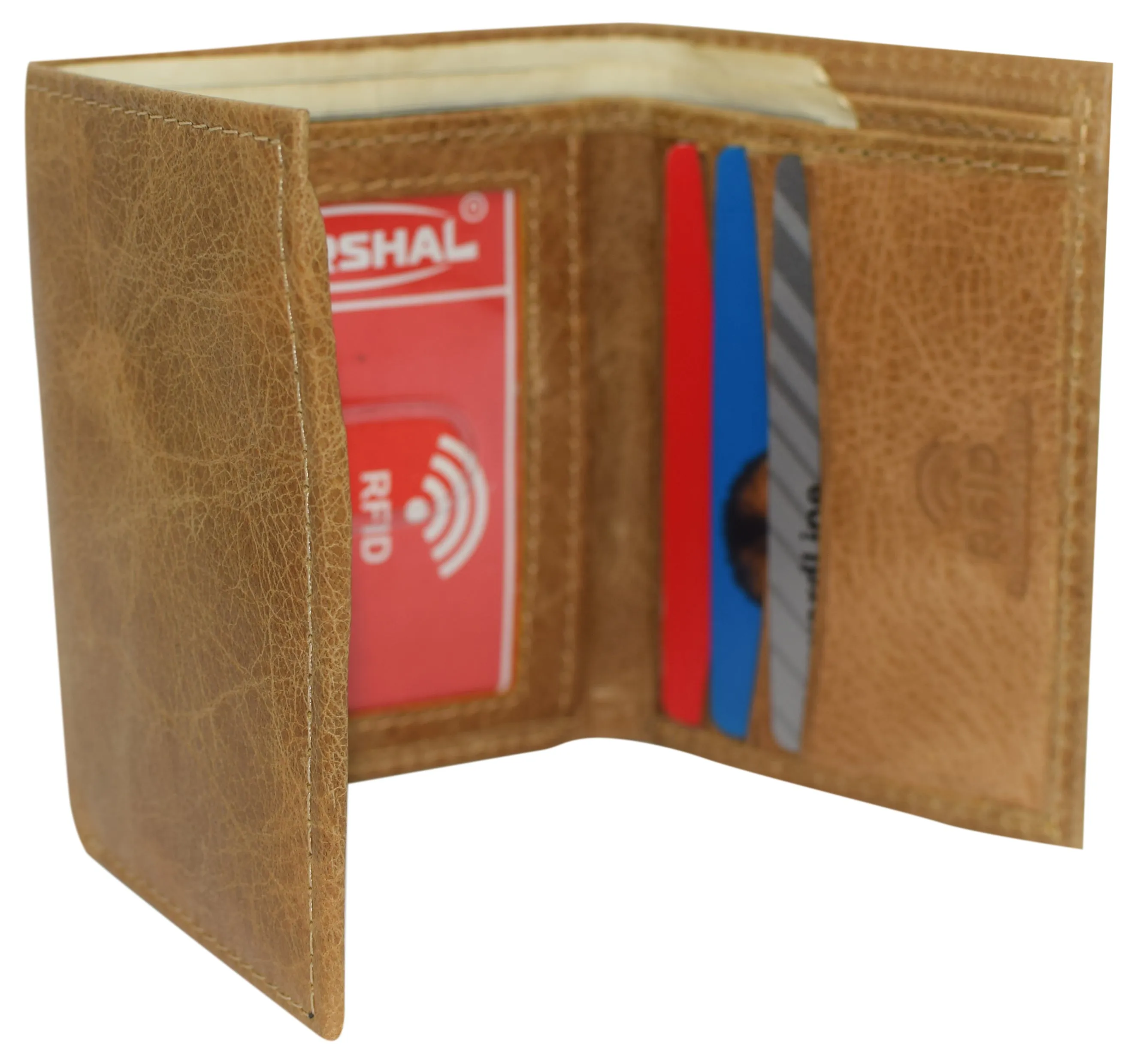 RFID623555TN Marshal RFID Blocking Men's Genuine Leather Slim Trifold Credit Card ID Holder Tan Wallet for Men